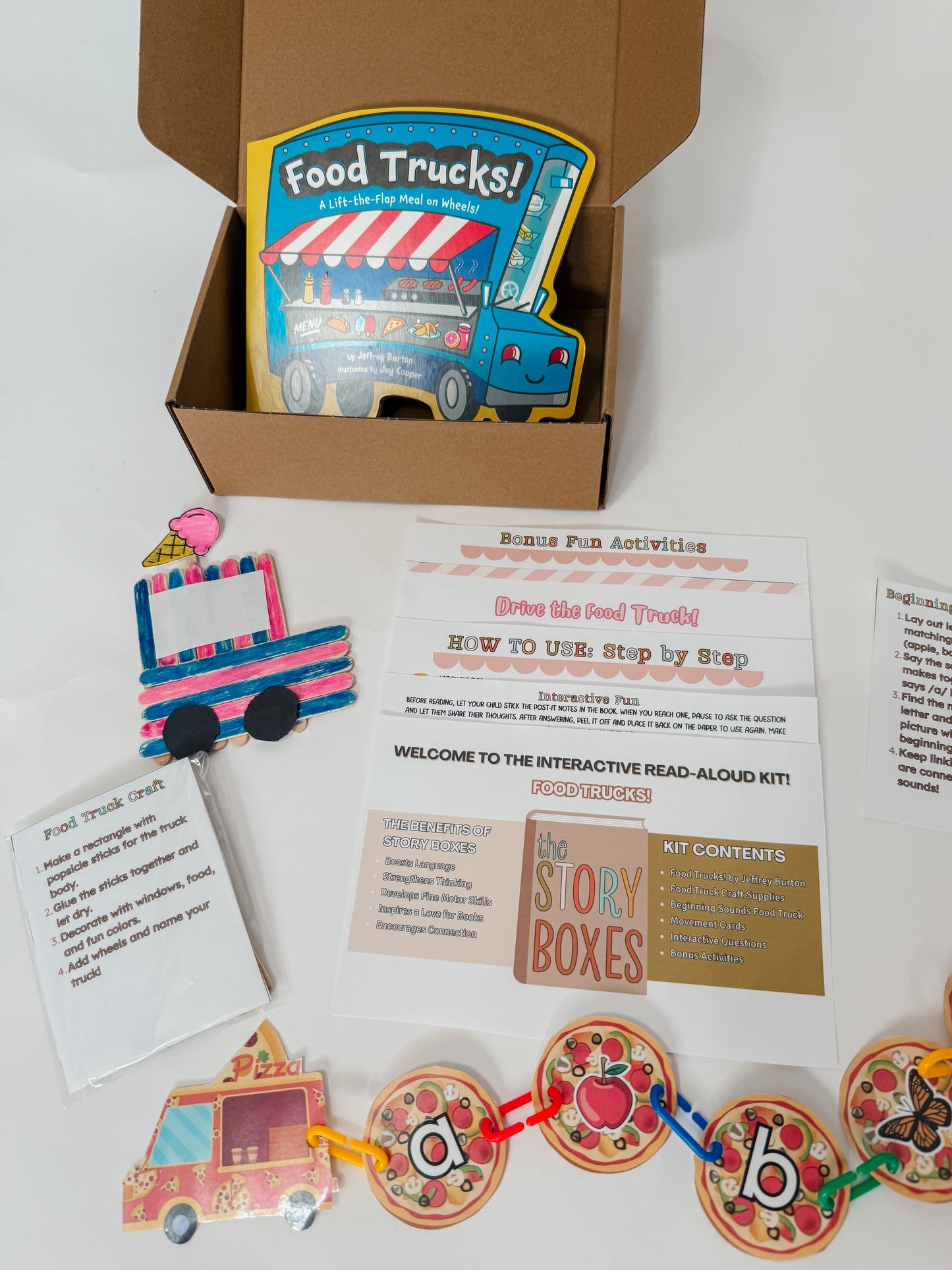 Food Trucks Mini Story Box | Toddler Literacy Kit Ages 4-6 | Food Truck Craft & Phonics Activity