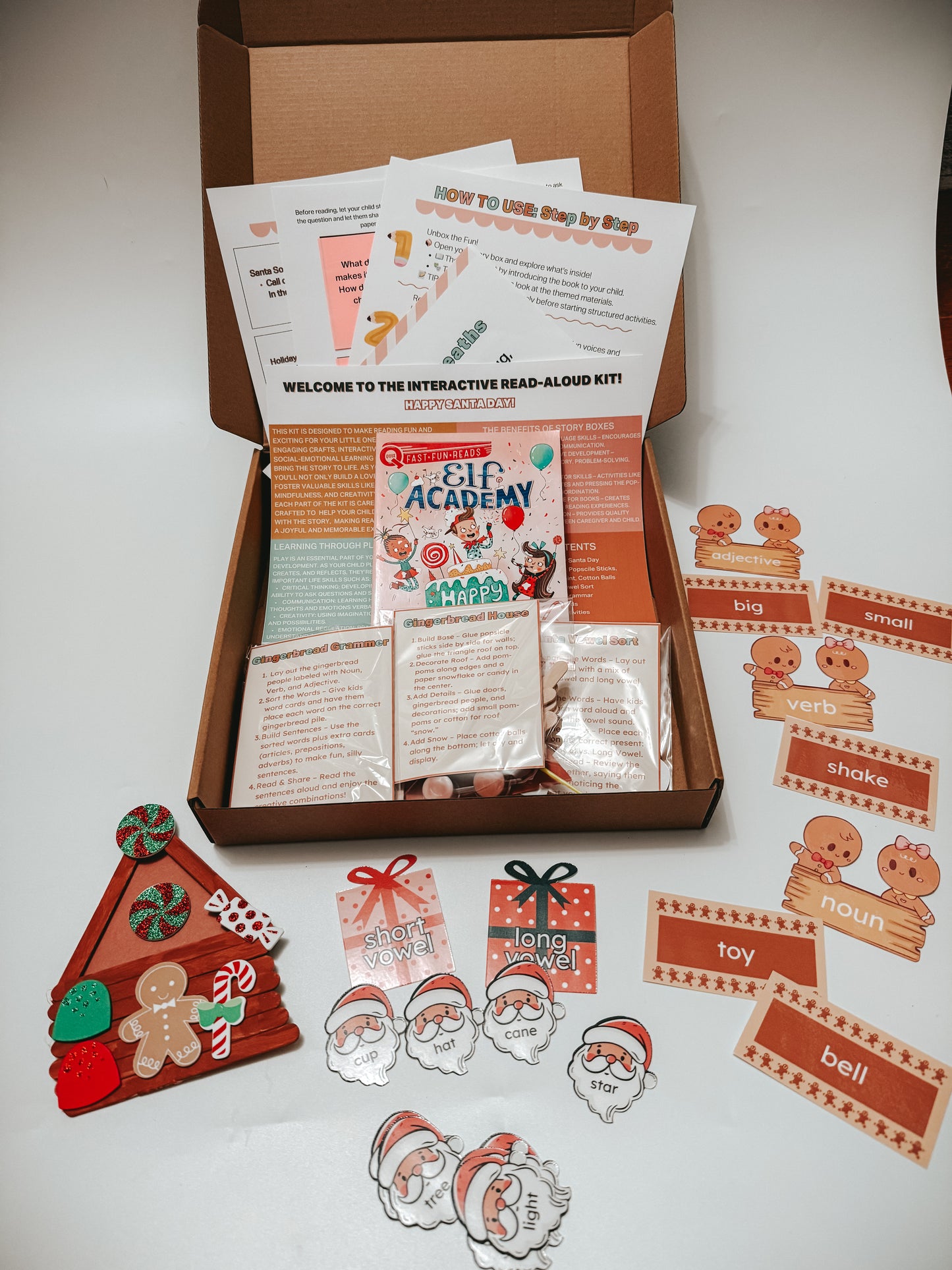 Elf Academy: Happy Santa Day Story Box | Christmas Literacy Kit for Kids Ages 5–8 | Grammar, Vowels & Gingerbread Craft Fun