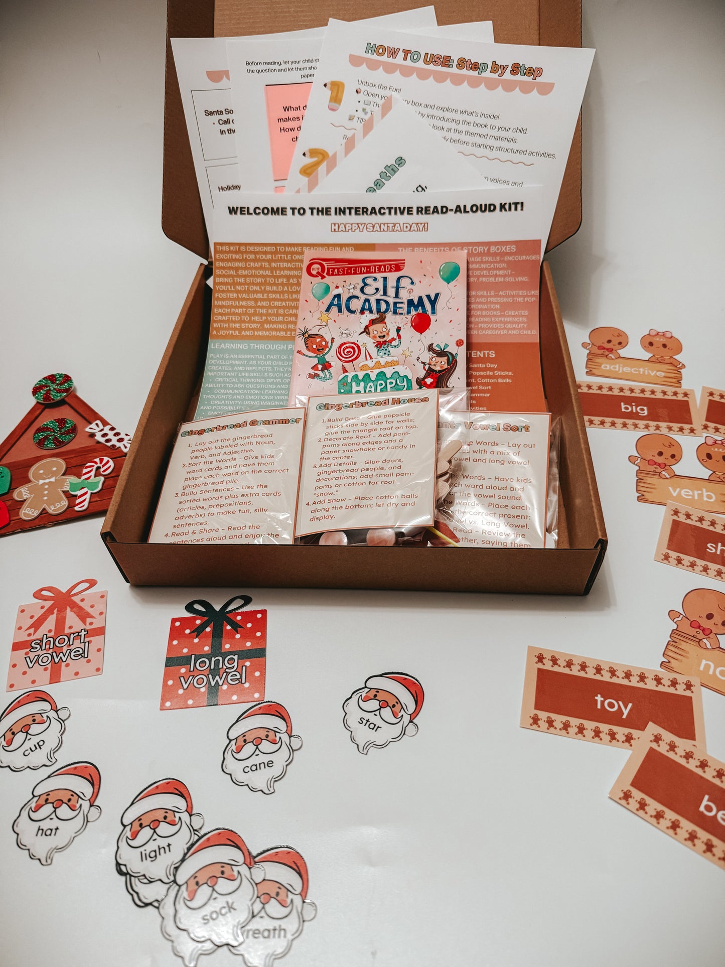 Elf Academy: Happy Santa Day Story Box | Christmas Literacy Kit for Kids Ages 5–8 | Grammar, Vowels & Gingerbread Craft Fun